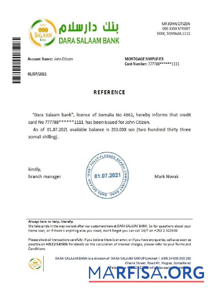 Realistic Somalia Dara Salaam bank reference sample